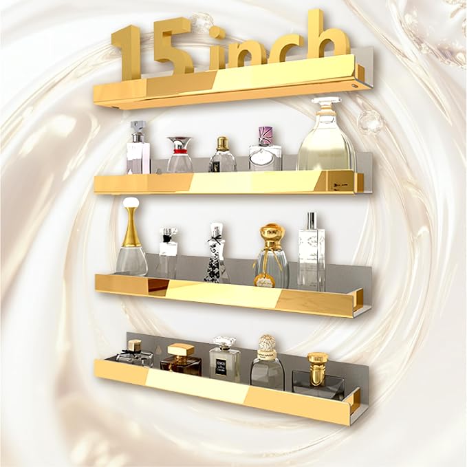 4 Pack 15 Inch Gold Reflective Acrylic Shelves, Gold Foating Shelves, Modern Sunglasses Essential Oil Picture Ledge Display Toy Storage Shelf