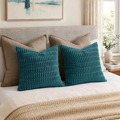 MIULEE Pack of 2 Corduroy Decorative Throw Pillow Covers 20x20 Inch Soft Boho Striped Pillow Covers Modern Farmhouse Home Decor for Summer Coastal Sofa Living Room Couch Bed Teal