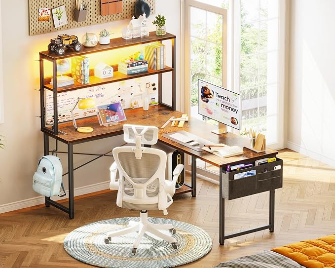 AODK L Shaped Desk Gaming Desk with LED Light & Power Outlet | 53 Inch Vintage Reversible L Shaped Computer Table with Shelf & Storage Bag & Hook for Home Office