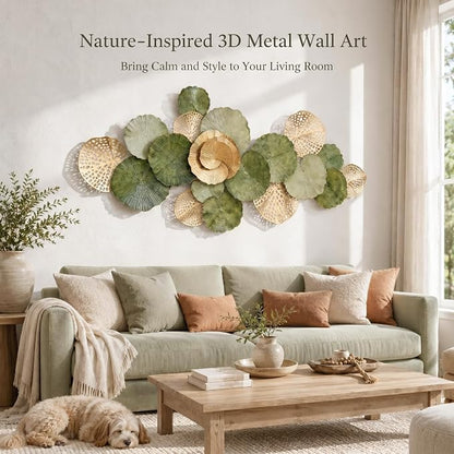 Axioglo 67" Large Wall Decor 3D Lotus Leaf Metal Wall Art for Living Room | 67" x31" metal wall decor with layered metal texture, mounting hardware, two-way display