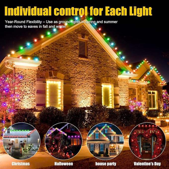200 FT 2-in-1 Eaves & Ground Stakes LED String Lights, Outdoor RGB Light with App & Remote Control for House, Garden, and Landscape, Waterproof Smart Color-Changing Lighting for Holiday Everyday Decor