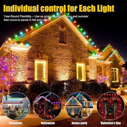 200 FT 2-in-1 Eaves & Ground Stakes LED String Lights, Outdoor RGB Light with App & Remote Control for House, Garden, and Landscape, Waterproof Smart Color-Changing Lighting for Holiday Everyday Decor