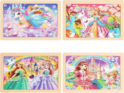 Wooden Puzzles Toys for Kids Ages 3-5, Set of 4 Packs with 24-Piece Unicorn Mermaid Princess Wood Jigsaw Puzzles, Preschool Educational Brain Teaser Toys for Girls 3 4 5 6 Years Old.