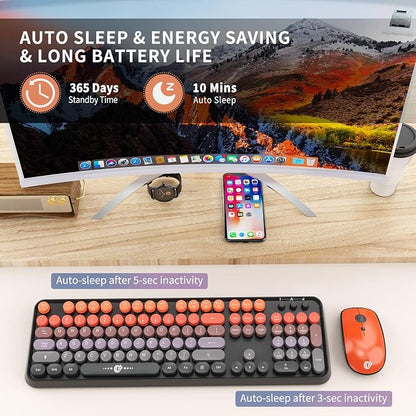 FOPETT Wireless Keyboard and Mouse Combo, 104 Keys Full-Sized 2.4 GHz Round Keycap Colorful Keyboards, USB Receiver Plug and Play, for Windows, Mac, PC, Laptop, Desktop (GradientOrange)