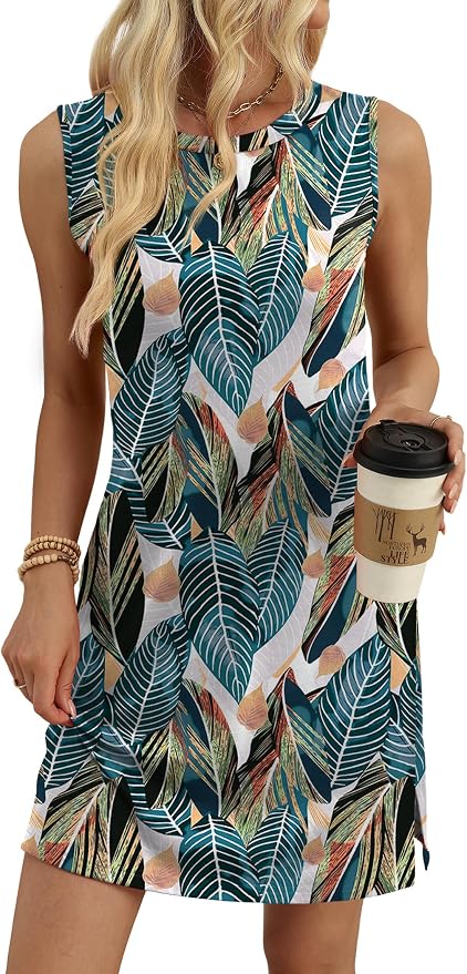 WIHOLL Casual Dresses for Women Crewneck Sleeveless Tank Dress Summer Spring Boho Vacation Clothes
