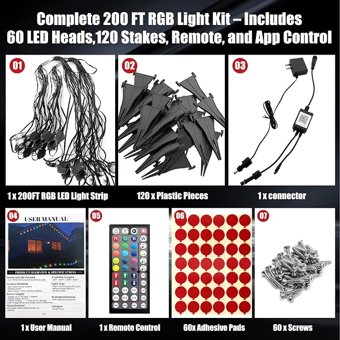 200 FT 2-in-1 Eaves & Ground Stakes LED String Lights, Outdoor RGB Light with App & Remote Control for House, Garden, and Landscape, Waterproof Smart Color-Changing Lighting for Holiday Everyday Decor