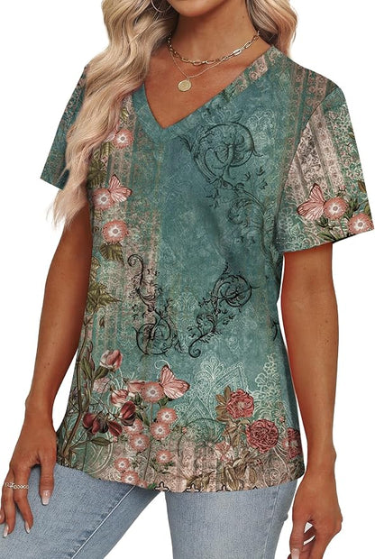 Alaroo Womens Summer Tops 2026 V Neck Short Sleeve Shirts Trendy Dressy Casual Vacation Outfits Printed