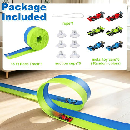 15 Ft Flexible Race Track Set with 6 Toy Cars for Kids Age 3 4 5 6 7 8 Years Old
