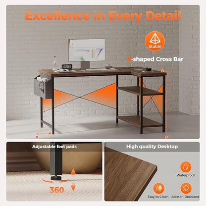 Mericonia 55 inch L Shaped Gaming Desk, Large Corner Desk with Shelves | Reversible Computer Desk with Power Outlets & Storage Bag, Office Table for Home Bedroom Study Work Writing