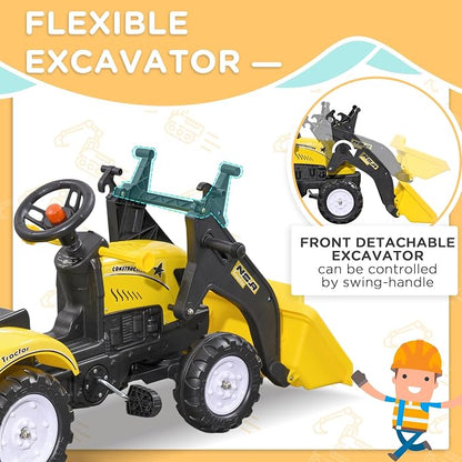 Aosom Kids Ride-On Excavator, Pedal Car Bulldozer, Move Forward/Back with Real Working Dirt Bucket, 6 Wheels, & Cargo Trailer