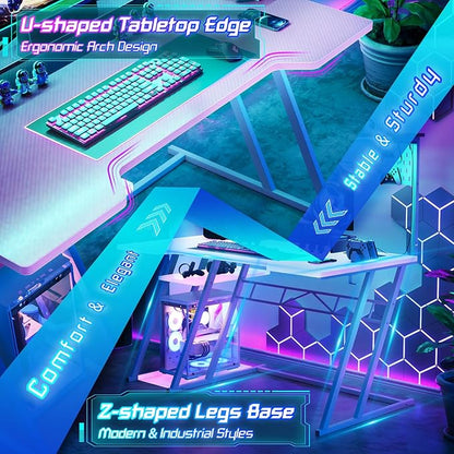 Gaming Computer Desk with Outlets and Storage Shelves, Pink Gaming Desk with Hutch and LED Lights, PC Gaming Desk with Pegboard for Bedroom, Carbon Fiber Pink, 47''