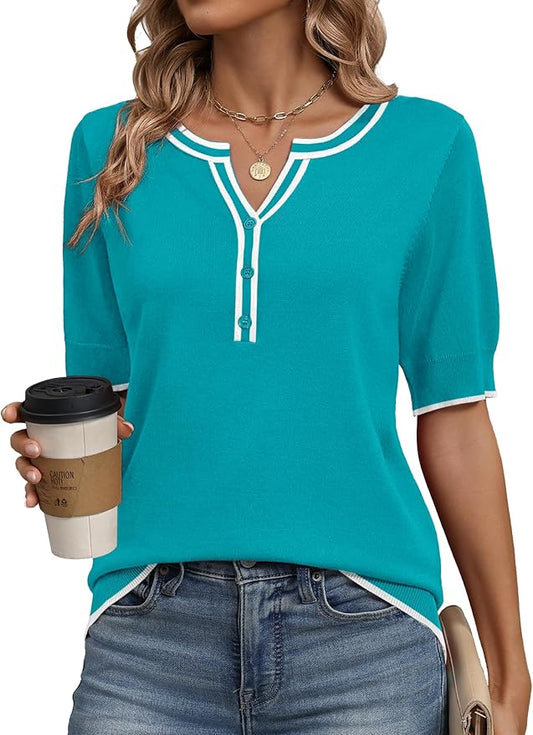 Zeagoo Women's Short Sleeve Sweater 2026 Spring Summer Tops Lightweight Casual V Neck Sweaters Dressy Work Blouses Clothes