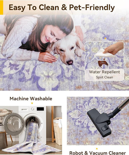RELEANY Area Rugs 7'x9' Washable Non-Slip, Floral Vintage Distress Medallion Carpet for Living Room Bedroom Dining Room, Light Purple Brown