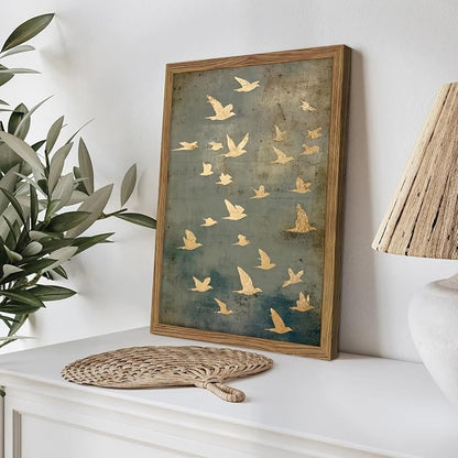 Framed Flock of Birds Canvas Wall Art, Vintage Minimalist Abstract Landscape Painting, Neutral Gold Birds Spiritual Wall Decor, Modern Aesthetic Pictures for Bedroom Living Room 16x24 inch