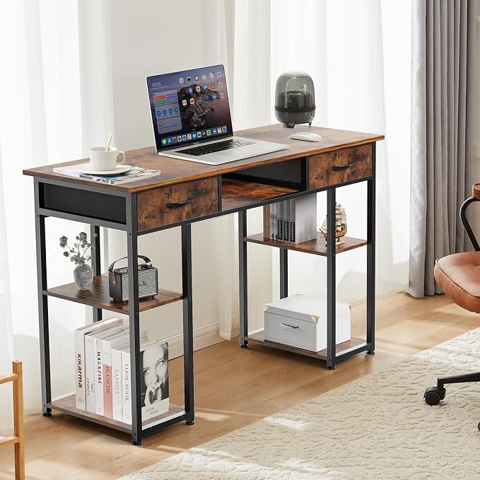 DUMOS 48-Inch Computer Desk with Drawers, Hook and Side Bag, Brown | Home Office Desk for Bedroom, Gaming Writing Study Desk with Adjustable Feet
