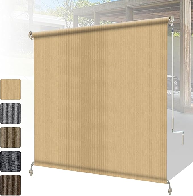 Shade&Beyond Outdoor Roller Shades with Splicing Design, 5' W x 8' H Cordless Patio Roll Up Blinds, Exterior Shade Cloth Roll for Porch, Gazebo, Pergola, Balcony, Wheat