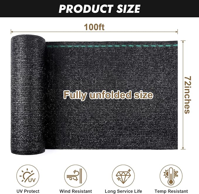 Artpuch 70% Black Garden Shade Cloth Roll for Plants, Sun Shade Cover Fabric Roll with UV Block Shades Netting Mesh Privacy Fence Screen for Greenhouse, Backyard, Patio, 6' x 100 FT