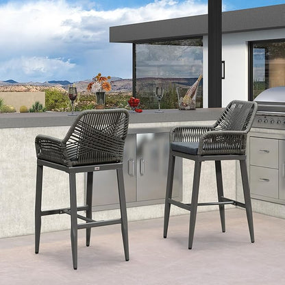 PURPLE LEAF Outdoor Wicker 29" Bar Stools Set of 2, Boho Patio Bar Height Chair with Cushion and Back for Outdoor and Indoor, Garden, Patio, Smoke Grey