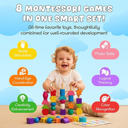 8-in-1 Busy Hands Fine Motor Skills Toys Kit for Toddler, Montessori Toys Set for 3+ Years Old, Learning & Education Toys, Color Shape Sorter, Stacking Toys, STEM, Wooden Toys