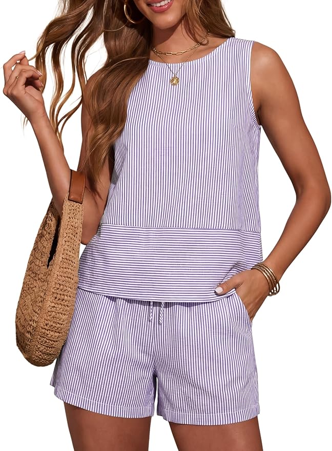LOMON Women's Trendy 2 Piece Outfits Shorts Sets Summer Crew Neck Sleeveless Tank Top and Bottom Matching with Pockets 2026