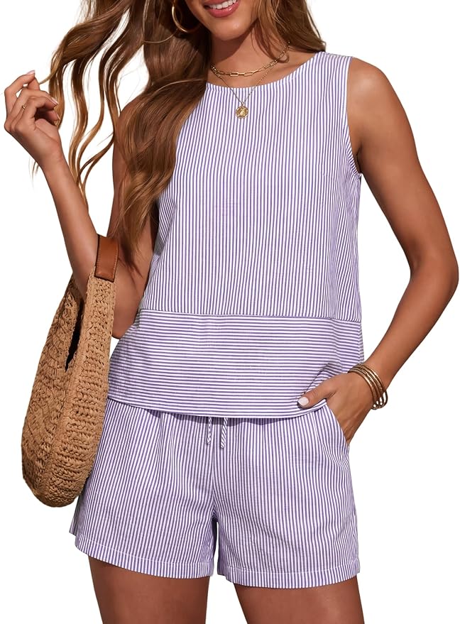 LOMON Women's Trendy 2 Piece Outfits Shorts Sets Summer Crew Neck Sleeveless Tank Top and Bottom Matching with Pockets 2026