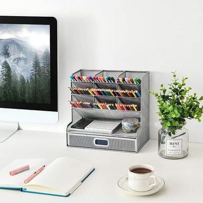 Marbrasse Larger Mesh Desk Organizer with Drawer, Multi-Functional Pen Pencil Holder, Desk Organizers and Accessories for Office Art Supplies (Silver Mesh Pen Holder with Drawer)