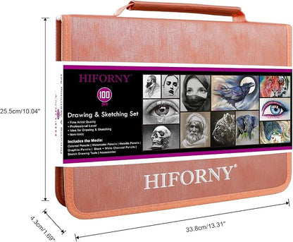 HIFORNY 100 PCS Drawing & Sketching Set, Professional Art Supplies with Graphite,Charcoal, Colored,Watercolor,Metallic Pencils,Blending Tools,Sketchbook and Coloring Book in Zipper Case (Pink)