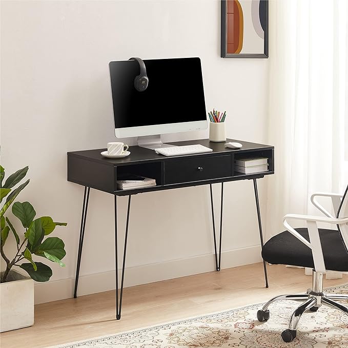 VECELO 39.3" Home Office Work Table with 3 Drawers Computer Desk Writing/Study, 39 Inch Hairpin Legs, Dark Black