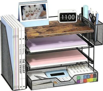 OPNICE Desk Organizers and Accessories, 4-Tier Desktop File Organizer with Drawer and Pen Holders, Office Desk Accessories Workspace Organizers for Office Supplies (Wood)