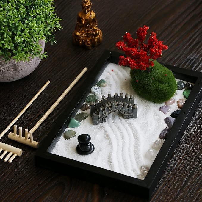 Mini Meditation Zen Garden Kit - Japanese Tabletop Rock Sand Chakra Buddha Garden Home Office Desk Decor Gifts for Father Mother Birthday - Sandbox w/Rake Tool Accessories