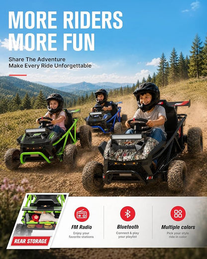First Ride On 36V Kids Off-Road Go Kart, 400W Electric Ride-On Car for Ages 6+, Up to 9.3 MPH, EVA Tires, Metal Frame, Hall Throttle, Electronic Brake, Adjustable Seat, Bluetooth (Green)