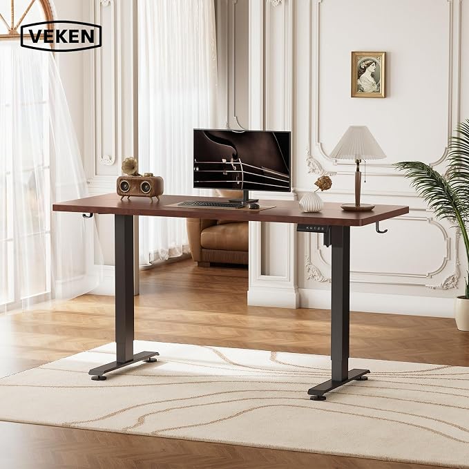 Veken Standing Desk, 47.2 Inch Electric Gaming Table, Walnut | Height Adjustable Sit Stand Up Computer Tables for Home Office, Study , Writing, Suit students, employees and group work