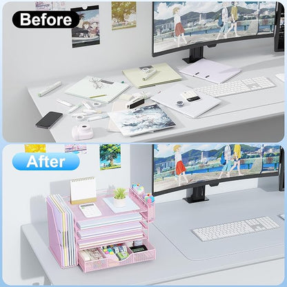 gianotter 5-Tier Desk Organizer with Drawers and File Holders | Letter Trays and Pen Holders - Workspace Accessories for Office Supplies (Pink)