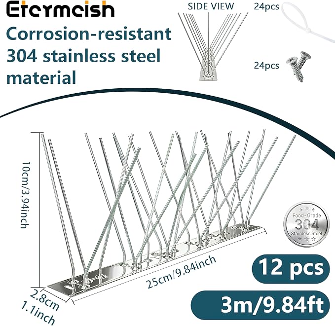 Stainless Steel Bird Spikes for Pigeons,Pre-Assembled,Anti Bird Deterrent Spikes for Woodpeckers, Squirrels, Raccoons，Weatherproof Fence Spikes for Roof, Railing,Patio, 9.84 Feet