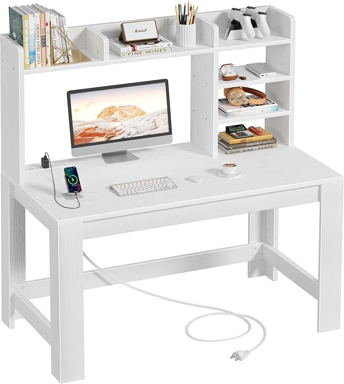 WINAZ White Desk with Hutch and Power Outlet, 43 Inch Small Space Computer Writing Desk with Storage Shelves, Modern Home Office Workstation for Bedroom Dorm