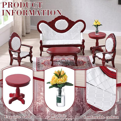 Skylety 7 Pcs Victorian Dollhouse Furniture Set 1: 12 Scale Wooden Mini House Living Room Furniture and Accessories, Sofa Table Chairs Vase for Adults Toys Gift Retro Miniature Doll House Accessories