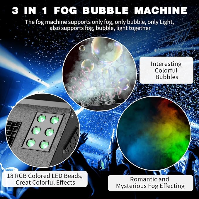 2000W Fog Machine, 3 in 1 Fog Bubble Machine with 2 Bubble Fans, 7 CH RGB 18 LED Lights Smoke Bubble ALL IN 1 Machine, Fog Machine for Party, Wedding, Festival, Birthday, 4 PACK