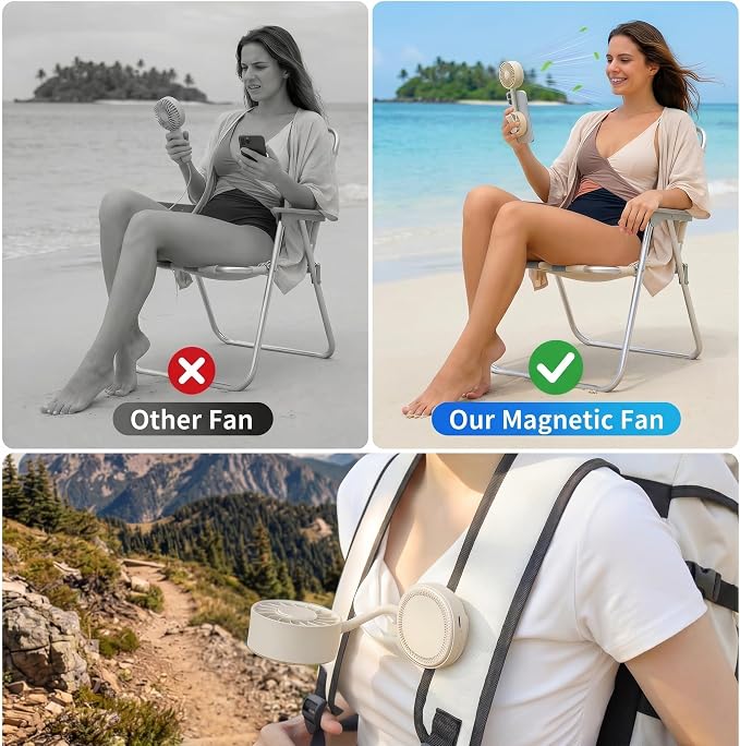 Magnetic Portable Phone Fan, Handheld Small Fan & Phone Holder with 360° Flexible Gooseneck, 3 Speeds, Rechargeable, Pocket Size Summer Cooling for Women, Travel, Beach, Makeup Use (Begie)