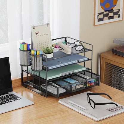 Marbrasse Desk Organizer, 4-Tier Paper File Letter Tray, Black | Sturdy Paper Tray, File Holder, Built-in Drawer, 2 Pen Slots, fits Letters/Files, for School Home Office Supplies