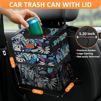 Vankor 3 Gallons Car Trash Can with Lid, Bag Bin Hanging Waterproof Automotive Car Garbage Cans Leak Proof Vehicle Trash Can for Truck SUV,Colorful Leaves