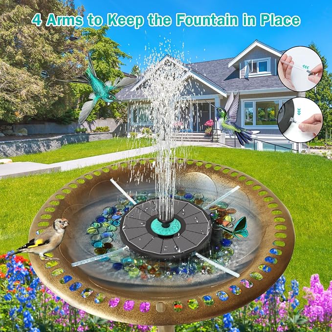 Solar Fountain Cyan Flower, Upgrade 3.5W Solar Bird Bath Fountains, Solar Powered Water Fountain with 7 Nozzles, 4 Fixed Pipes for Hummingbirds, Bird Bath, Garden, Pool, and Pond