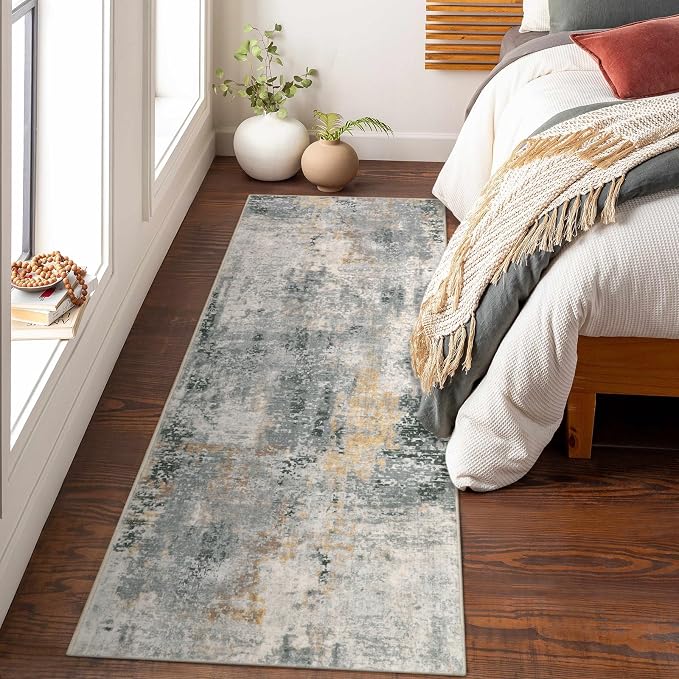 Lahome Modern Abstract Runner Rug - 2x8 Grey Hallway Long Bathroom Rugs with Rubber Backing, Kitchen Carpet Non Skid Indoor Floor Runners for Entryway Laundry Living Bedroom 2' x 8'
