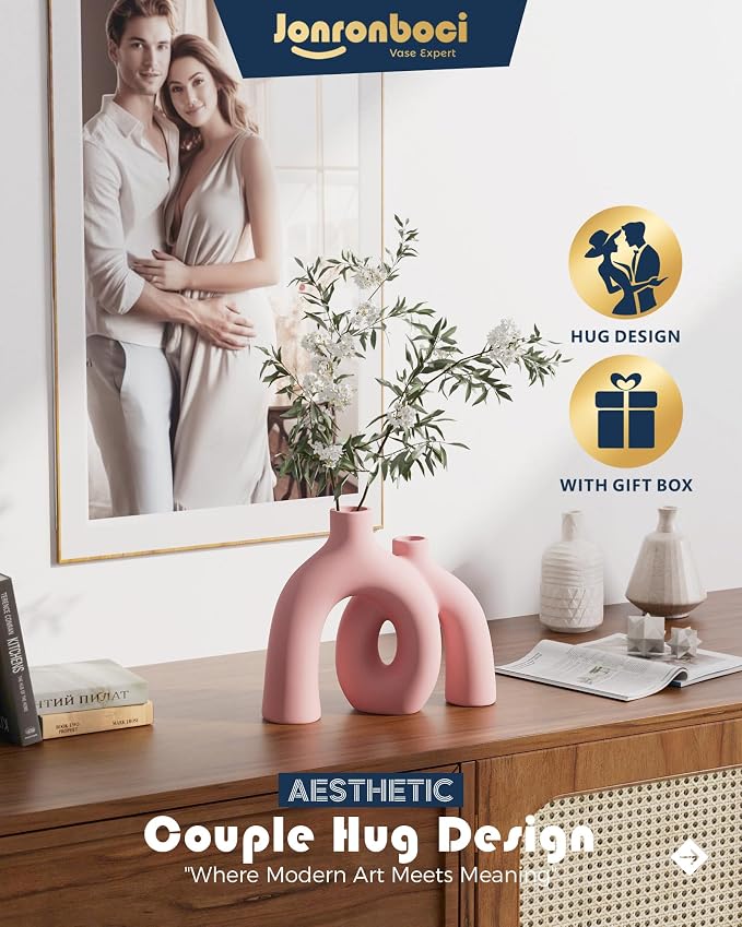Hug Donut Decorative Vase Set - Light Pink Modern Glam Eclectic Style Vases Home Decor, Matte Ceramic Decorations for Living Room Shelf, Bookshelf Mantle Entryway Table or Console Décor(Pink)
