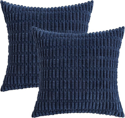 MIULEE Pack of 2 Corduroy Decorative Throw Pillow Covers 16x16 Inch Soft Boho Striped Pillow Covers Modern Farmhouse Home Decor for Summer Coastal Sofa Living Room Couch Bed Dark Blue