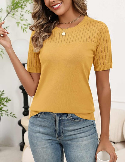 Zeagoo Women's Short Sleeve Sweater Tops 2026 Spring Summer Crew Neck Hollow Out Blouses Dressy Business Casual Outfits