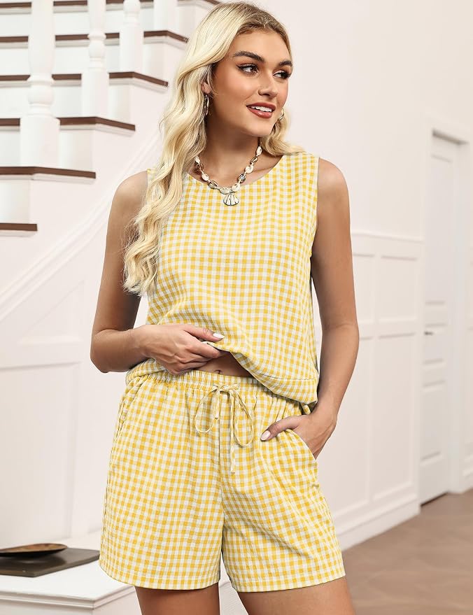 LOMON Women's Trendy 2 Piece Outfits Shorts Sets Summer Crew Neck Sleeveless Tank Top and Bottom Matching with Pockets 2026