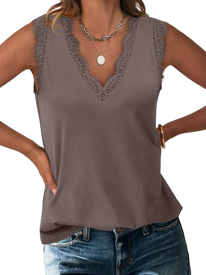 ANRABESS Womens Lace Trim Tank Tops V Neck Sleeveless Shirts 2026 Summer Casual Trendy Dressy Cami Top