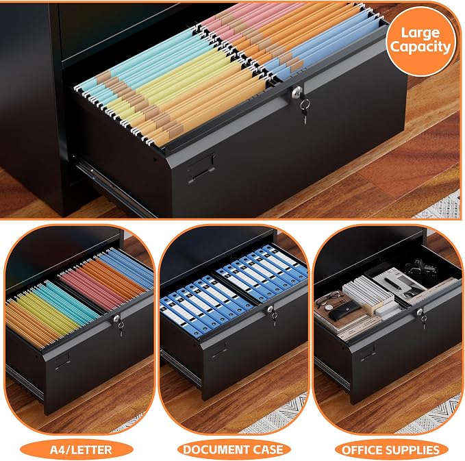 3 Drawer Lateral File Cabinet, Metal Lateral File Cabinets with Lock, Legal Size Steel Lateral Filing Cabinet for Office and Home