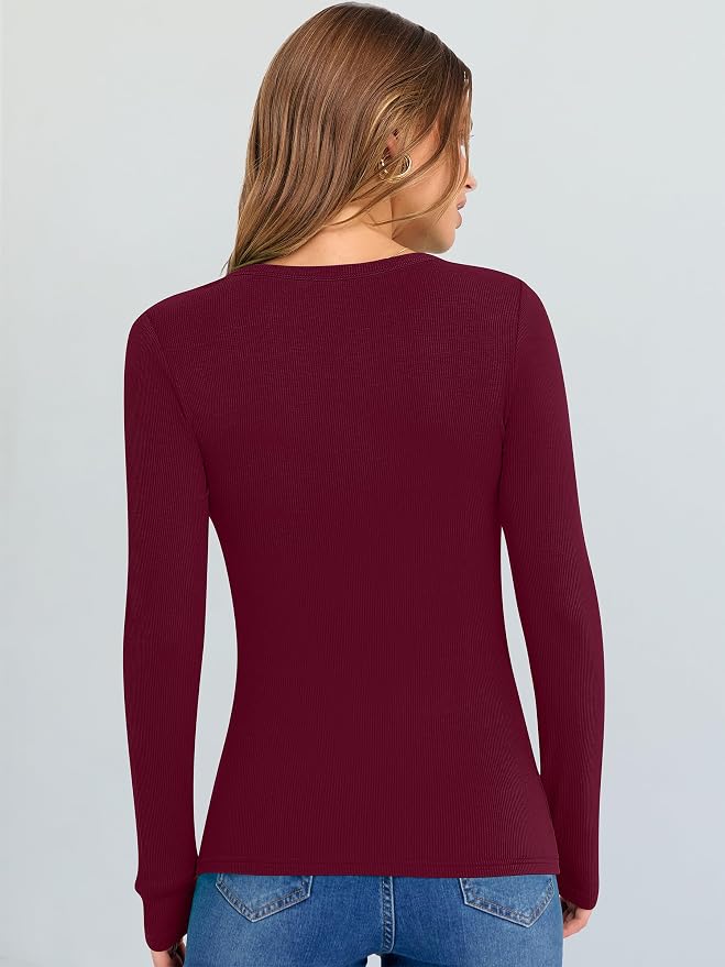 ANRABESS Long Sleeve V Neck Shirts for Women | Soft Comfy Ribbed Knit Fitted Tshirts, Casual Going Out Tops, 2026 Trendy Basic, Fall Winter Underscrub Layering Clothes