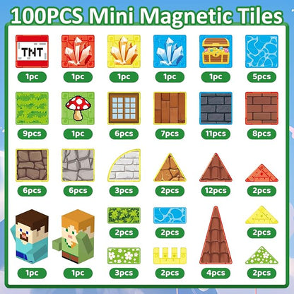 JIMI Mini Magnetic Tiles, 100pcs Building Tiles Magnetic 3D Blocks with Metal Storage Box, Portable Travel Set STEM Building Blocks for Kids Ages 3+, Educational Construction Toys for Boys Girls